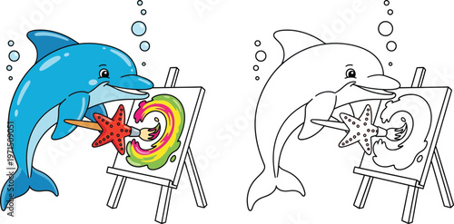 Creative Cartoon Dolphin Artist Painting on Easel with Starfish Brush Underwater Art Fun