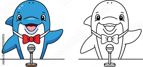 Cute Cartoon Dolphin Wearing Bow Tie Speaking at Microphone Public Speaker Mascot