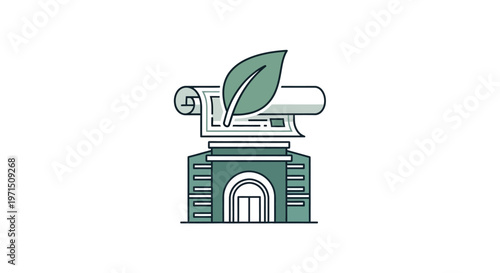 Green building with leaf on top.