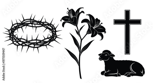Religious symbols including a crown of thorns lilies cross and lamb silhouette