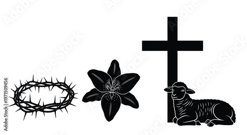 Religious symbols including a lamb lily thorns and cross in silhouette