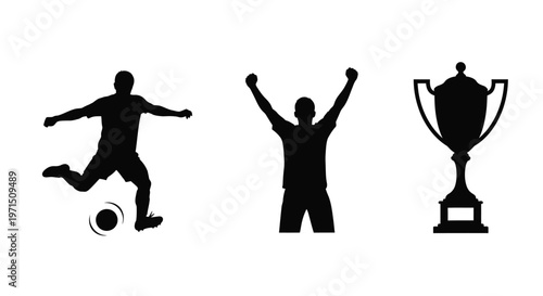 Celebrating victory a soccer player and a trophy in black silhouette