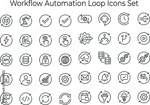 Workflow automation loop outline icon set featuring process integration synchronization analytics monitoring interface symbols for productivity dashboards platforms systems