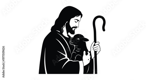 Jesus holding a lamb in a black and white design silhouette