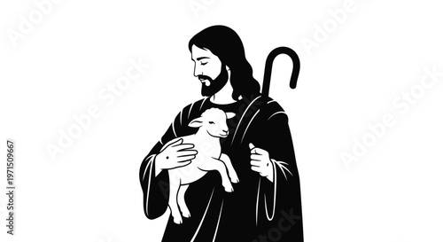 Jesus with a lamb a classic religious illustration in silhouette