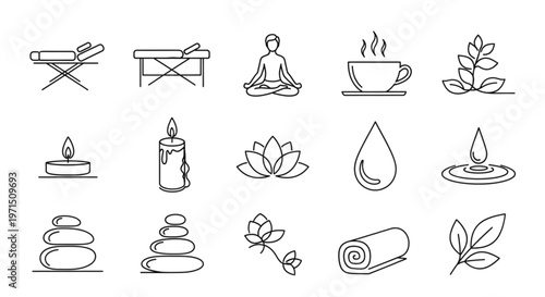 High Quality Black Continuous Line Spa & Wellness Icons – Minimal Relaxation & Self-Care Illustration