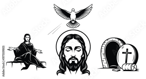 Religious imagery featuring a dove jesus mary and tomb a silhouette