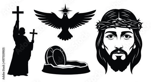 Religious imagery depicting jesus a dove and a worshipper a striking silhouette