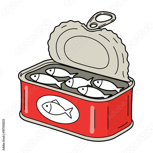 Cartoon illustration of an open red tin of sardines with a pull tab and fish inside