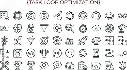 Task loop optimization workflow outline icon set featuring automation analytics performance monitoring productivity interface symbols for web applications dashboards platforms