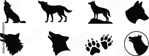 Black wolf silhouette collection featuring howling wolves standing on rocks wolf head profiles paw prints and tracks for wildlife nature conservation and outdoor design projects.
