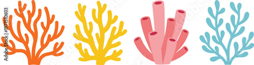 Colorful coral reef illustration set, abstract sea plants, ocean marine life elements, underwater design, tropical nature, decorative aquatic shapes, vector style