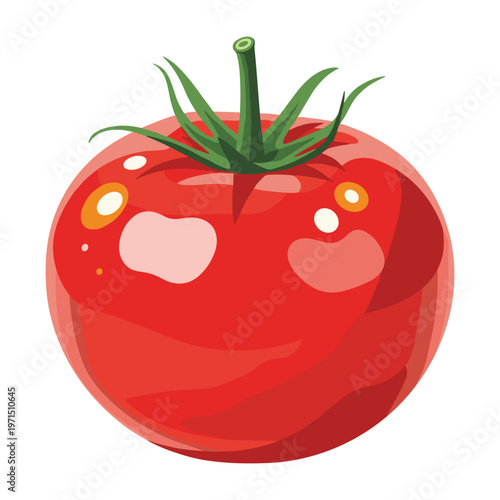 A vibrant red ripe tomato with a green stem isolated on a plain white background