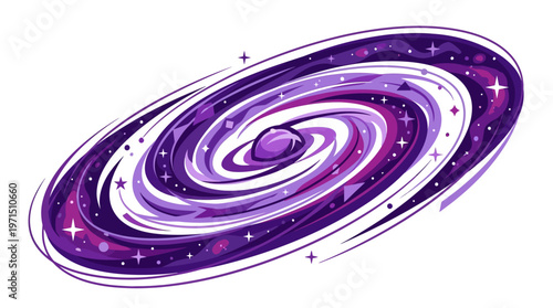 A vibrant, stylized illustration of a purple spiral galaxy with a central planet or celestial body.