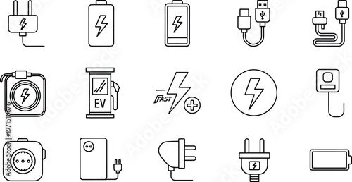 Collection of black and white power charging and battery icons