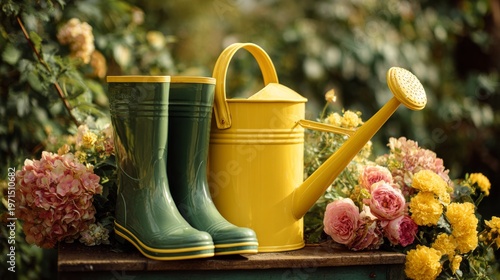 Yellow watering can and green rubber boots and colorful flowers in the garden 