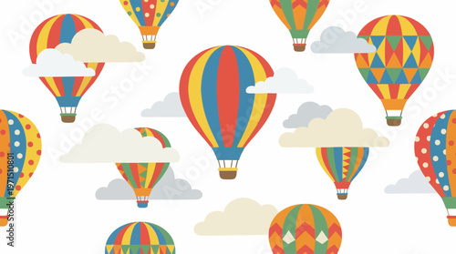 A vibrant and colorful seamless pattern featuring hot air balloons and fluffy clouds against a white background.
