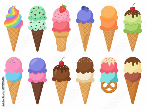A vibrant collection of twelve delicious and colorful ice cream cones, each with unique flavors and toppings, displayed against a white background.