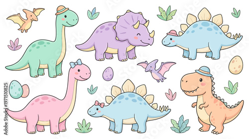A charming collection of cute, pastel-colored cartoon dinosaurs wearing hats, accompanied by pterodactyls and dinosaur eggs, set against a white background with small green plants.
