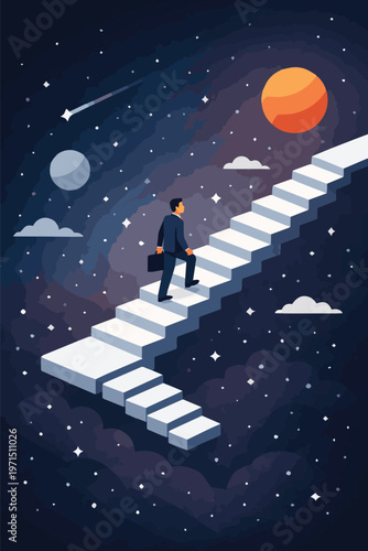Businessman walking on floating staircase, career growth surreal isometric illustration