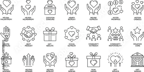 Charity and philanthropy line icons set featuring donation helping hands community support social responsibility love care minimal outline vector