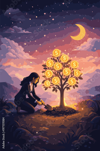 Female entrepreneur growing money tree, wealth building concept isometric vector