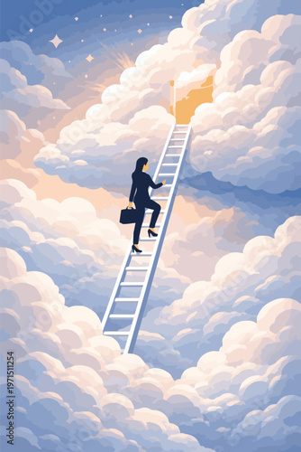 Office worker climbing ladder to clouds, success journey concept isometric illustration