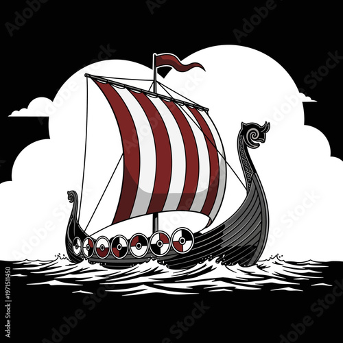 Illustration of a Viking Ship sailing on wavy water with clouds in the background