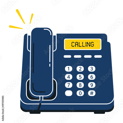 Illustration of a blue office landline telephone with a ringing handset and a calling screen
