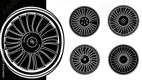 Jet Engine Turbine Fan Blades Vector Illustration Set