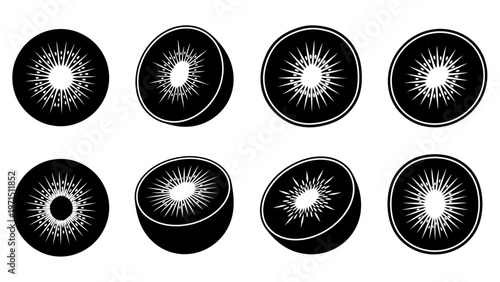 Kiwi Fruit Slices - Black and White Graphic Illustration Set
