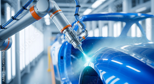 Robotic arm painting blue car on assembly line | Automated automotive manufacturing process | Modern industrial robot technology in car factory | Precision spray painting in automotive production