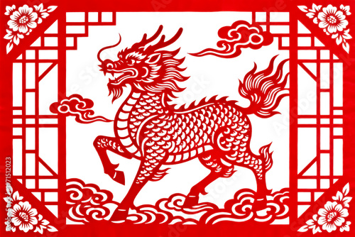 Red Chinese Paper-cutting of Qilin with Patterns