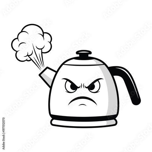 Angry cartoon kettle blowing steam from its spout with a grumpy facial expression on a white background