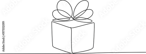 Gift box with decorative bow in continuous single line art style representing celebration, surprise and thoughtful giving illustration