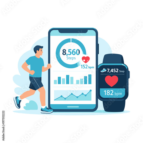 Vector illustration of fitness tracking application displaying steps and heart rate data connected with smartwatch. Digital health and activity monitoring concept.