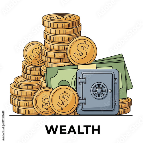Money Safe with Coins and Banknotes: Wealth and Savings Concept