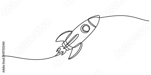 A single continuous line drawing of a rocket ship flying through space on a white background. Vector, illustration
