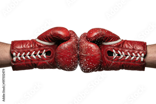 Two worn red leather boxing gloves clashing