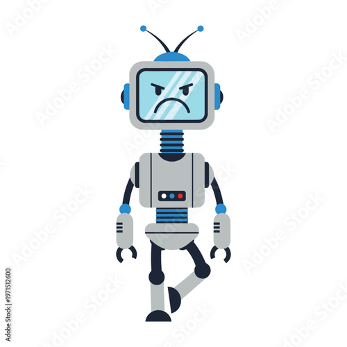 Illustration of a grumpy robot with a monitor face and blue antennas on a white background.