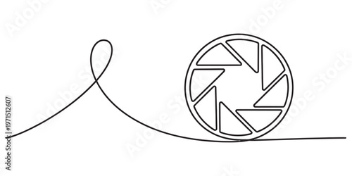 A minimalist black and white line art illustration featuring a camera aperture and a curved line. Vector, illustration