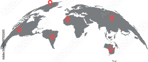 Gray World Map with Red Location Pins Global Travel Vector