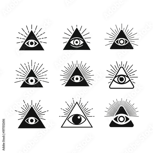 Mysterious Eye in Triangle Symbols Collection: Conspiracy, Esoteric, Occult Icons