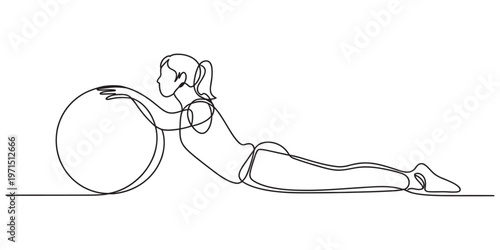 A single continuous line drawing of a woman performing an exercise with a large fitness ball Vector, illustration