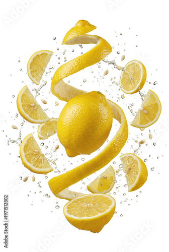 Fotografía Exploding lemon with floating slices and zest