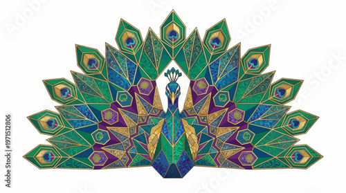 Intricate geometric peacock feather fan design with vibrant blue, green, and gold colors.