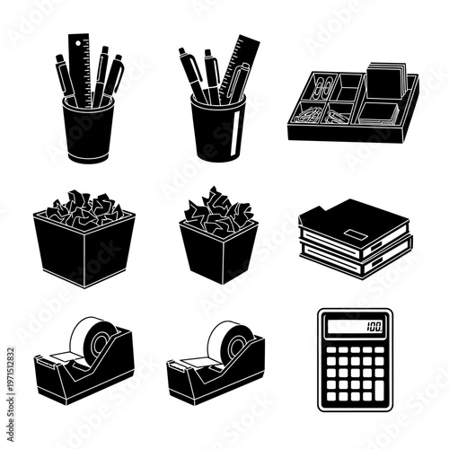 Office Supplies Icons Set: Pens, Pencils, Rulers, Tape Dispenser, Calculator, Books