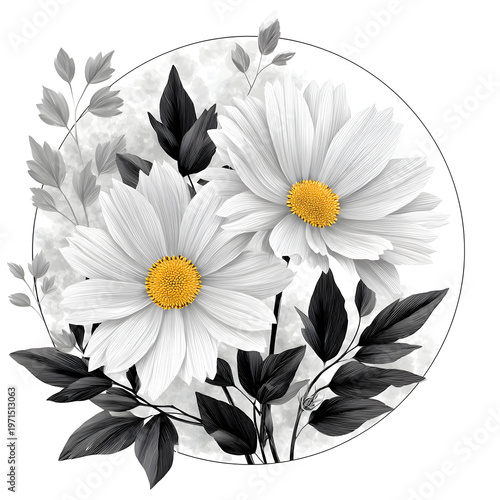 Beautiful black and white illustration of flowers with detailed petals and leaves in a circular design