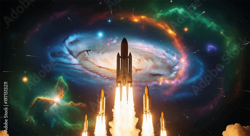 Space rocket launch, galaxy background, colorful nebula, space exploration, astronomy