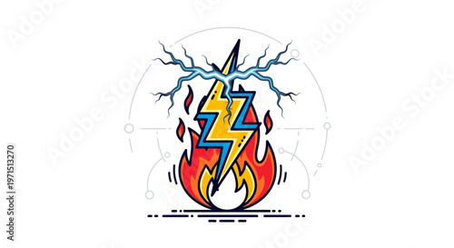 Vibrant graphic design featuring a lightning bolt and flames in red, orange, and blue hues against a white background with faint blue lines and geometric shapes.